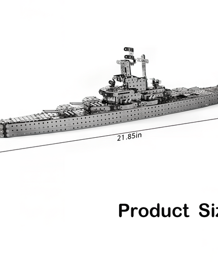 Product size dimensions for a DIY 3D puzzle Metal Kits battleship metal model, showing its impressive length of 21.85in, height of 5.71in, and width of 4.13in. This large metal model makes an excellent funny table centerpiece or a substantial display piece