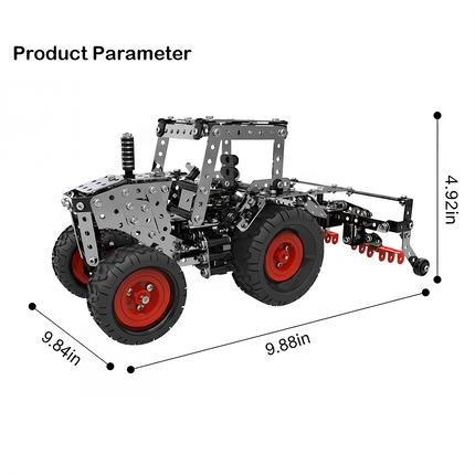 A metal model tractor with red wheels, detailed with product parameters: length 9.88 in, width 9.84 in, height 4.92 in. This DIY 3D puzzle is a rewarding Metal Kit for hobbyists, ideal for adding a funny table piece to your collection.
