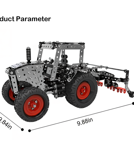 A metal model tractor with red wheels, detailed with product parameters: length 9.88 in, width 9.84 in, height 4.92 in. This DIY 3D puzzle is a rewarding Metal Kit for hobbyists, ideal for adding a funny table piece to your collection.