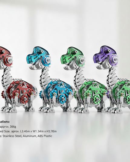 Four metallic T-Rex models in red, blue, green, and purple translucent designs, standing in a row, with product specifications (Weight: 166g, Assembled Size: L3.46in x W1.34in x H3.76in, Materials: Stainless Steel, Aluminum, ABS Plastic) listed below. These colorful metal model dinosaurs are part of our 3D puzzle metal kits, offering a fun DIY experience and making a delightful funny table display.