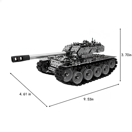 DIY metal model tank with spinning turret and functional tracks—an intricate 3D puzzle Metal Kits build on a white background, sized 9.53 in × 4.61 in × 3.70 in
