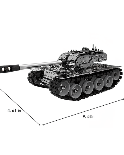 DIY metal model tank with spinning turret and functional tracks—an intricate 3D puzzle Metal Kits build on a white background, sized 9.53 in × 4.61 in × 3.70 in