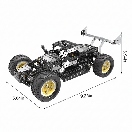 A metal model race car with a spoiler and yellow wheels, shown with dimensions: length 9.25 in, width 5.04 in, height 3.94 in. This DIY 3D puzzle is a fantastic addition to our Metal Kits, making for a cool and funny table display. Build your own metal model race champion