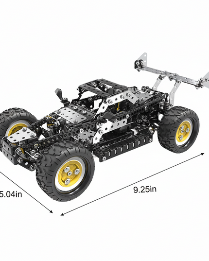 A metal model race car with a spoiler and yellow wheels, shown with dimensions: length 9.25 in, width 5.04 in, height 3.94 in. This DIY 3D puzzle is a fantastic addition to our Metal Kits, making for a cool and funny table display. Build your own metal model race champion