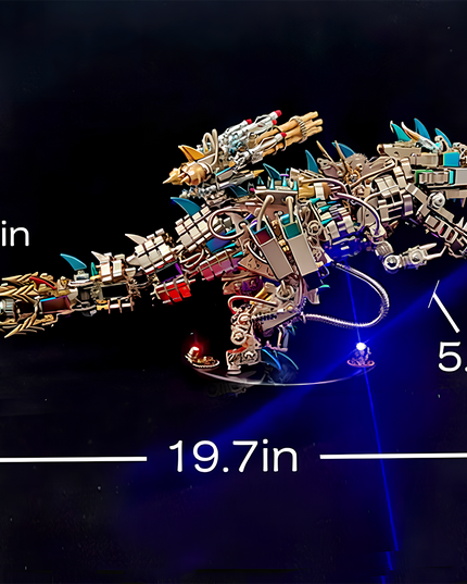 Tablefunny Mechanical Tyrannosaurus Rex metal assembly model dimensions: 19.7in length, 7.9in height, and 5.9in width. A perfectly sized tablefunny desktop collectible, featuring intricate details and blue LED lights