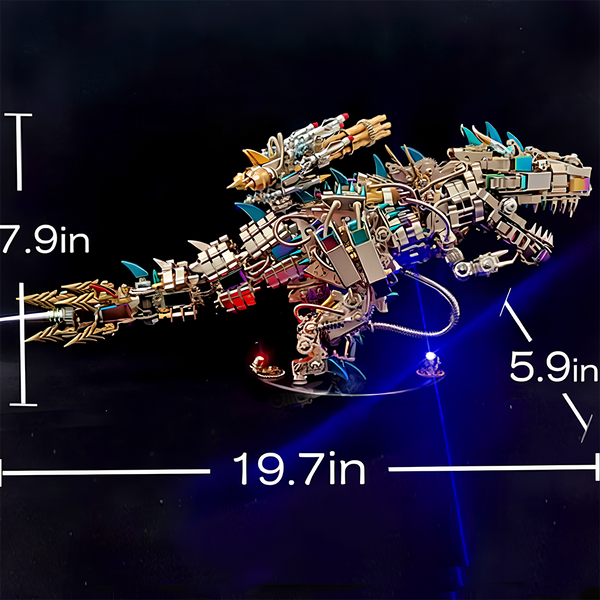 Tablefunny Mechanical Tyrannosaurus Rex metal assembly model dimensions: 19.7in length, 7.9in height, and 5.9in width. A perfectly sized tablefunny desktop collectible, featuring intricate details and blue LED lights