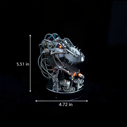 Tablefunny Mechanical T-Rex head metal assembly model, with dimensions 5.51in height and 4.72in width. Features intricate gears, wiring, and glowing orange eyes. A compact tablefunny desktop centerpiece