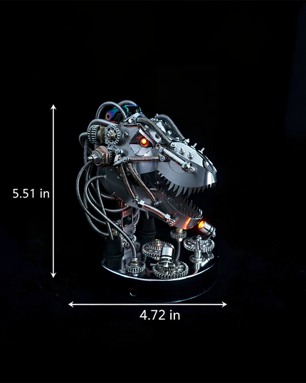 Tablefunny Mechanical T-Rex head metal assembly model, with dimensions 5.51in height and 4.72in width. Features intricate gears, wiring, and glowing orange eyes. A compact tablefunny desktop centerpiece