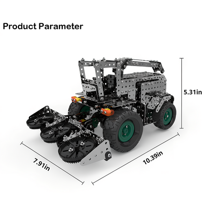 A metal model of a farm machine, possibly a planter or cultivator, with dimensions: length 10.39 in, width 7.91 in, height 5.31 in. This DIY 3D puzzle is part of our Metal Kits collection, offering a funny table project for enthusiasts