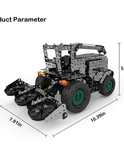 A metal model of a farm machine, possibly a planter or cultivator, with dimensions: length 10.39 in, width 7.91 in, height 5.31 in. This DIY 3D puzzle is part of our Metal Kits collection, offering a funny table project for enthusiasts