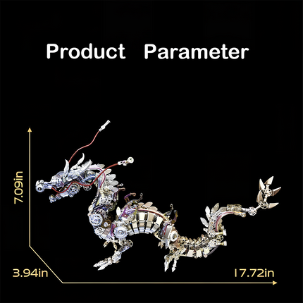  Product parameter image displaying the dimensions (17.72in length, 7.09in height, 3.94in width) of the metallic dragon model. This impressive metal model is a rewarding DIY assembly from our 3D puzzle metal kits, perfect for a striking and funny table display.