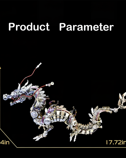  Product parameter image displaying the dimensions (17.72in length, 7.09in height, 3.94in width) of the metallic dragon model. This impressive metal model is a rewarding DIY assembly from our 3D puzzle metal kits, perfect for a striking and funny table display.