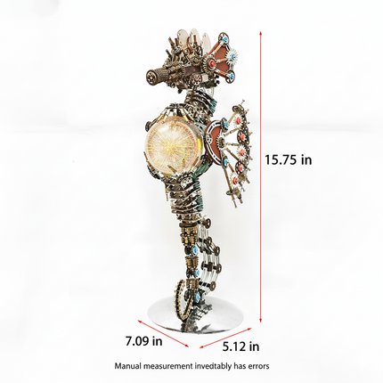 This Steampunk Mechanical Seahorse 3D Puzzle Metal Kit features an intricate design, combining interlocking gears, mechanical components, and a glowing spherical element. With dimensions of 15.75 in (height) × 7.09 in (width) × 5.12 in (depth), it serves as a substantial and striking decorative piece. Set on your funny table as a focal display, it blends steampunk industrial art with whimsical creativity—serving as both a challenging assembly project and a distinctive decorative item.
