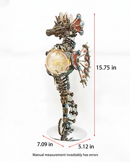 This Steampunk Mechanical Seahorse 3D Puzzle Metal Kit features an intricate design, combining interlocking gears, mechanical components, and a glowing spherical element. With dimensions of 15.75 in (height) × 7.09 in (width) × 5.12 in (depth), it serves as a substantial and striking decorative piece. Set on your funny table as a focal display, it blends steampunk industrial art with whimsical creativity—serving as both a challenging assembly project and a distinctive decorative item.