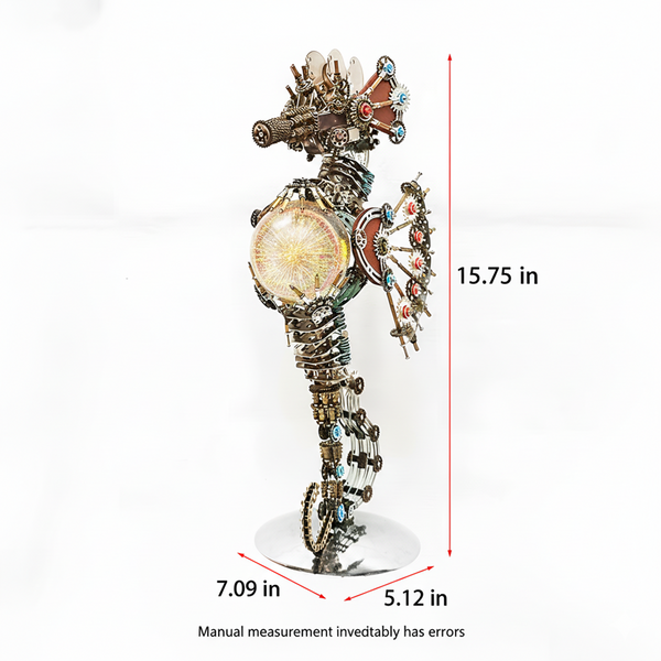 This Steampunk Mechanical Seahorse 3D Puzzle Metal Kit features an intricate design, combining interlocking gears, mechanical components, and a glowing spherical element. With dimensions of 15.75 in (height) × 7.09 in (width) × 5.12 in (depth), it serves as a substantial and striking decorative piece. Set on your funny table as a focal display, it blends steampunk industrial art with whimsical creativity—serving as both a challenging assembly project and a distinctive decorative item.