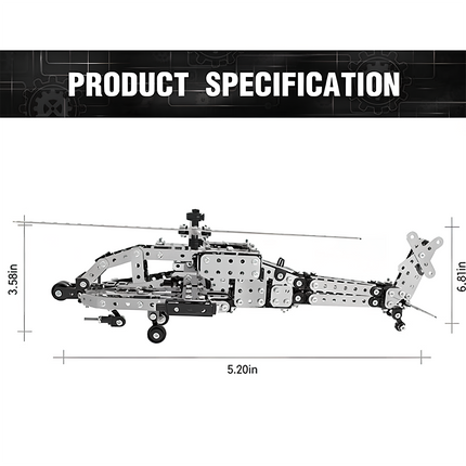 Product specification diagram of a helicopter-shaped metal model measuring 5.20 inches long, 3.58 inches high, and 6.81 inches wide. A precision DIY 3D puzzle Metal Kit by tablefunny for funny table enthusiasts