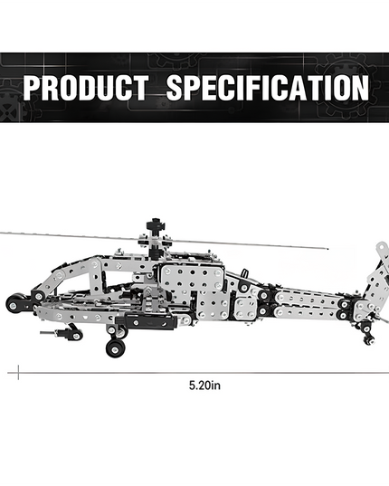 Product specification diagram of a helicopter-shaped metal model measuring 5.20 inches long, 3.58 inches high, and 6.81 inches wide. A precision DIY 3D puzzle Metal Kit by tablefunny for funny table enthusiasts
