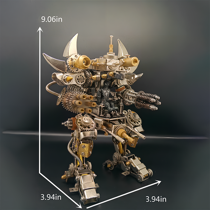 Completed steampunk bipedal metal model with a pilot, measuring 9.06in x 3.94in x 3.94in. This impressive DIY 3D puzzle is a perfect "funny table" centerpiece from our Metal Kits, offering a compelling "table funny" display