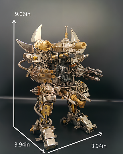 Completed steampunk bipedal metal model with a pilot, measuring 9.06in x 3.94in x 3.94in. This impressive DIY 3D puzzle is a perfect "funny table" centerpiece from our Metal Kits, offering a compelling "table funny" display