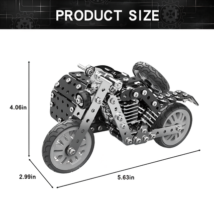 Dimensions of the DIY metal model motorcycle, showing a finished size of 5.63in length, 2.99in width, and 4.06in height. This compact 3D puzzle Metal Kits makes a great addition to any funny table