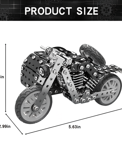Dimensions of the DIY metal model motorcycle, showing a finished size of 5.63in length, 2.99in width, and 4.06in height. This compact 3D puzzle Metal Kits makes a great addition to any funny table