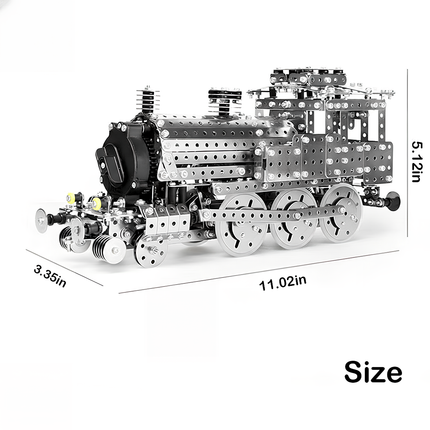 Dimensions of the DIY metal model steam train, indicating a finished size of 11.02in length, 3.35in width, and 5.12in height. This 3D puzzle Metal Kits is a perfect display piece for any funny table