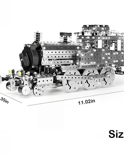 Dimensions of the DIY metal model steam train, indicating a finished size of 11.02in length, 3.35in width, and 5.12in height. This 3D puzzle Metal Kits is a perfect display piece for any funny table