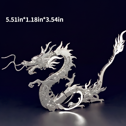 A gleaming silver Chinese dragon 3D puzzle metal model, a high-quality DIY metal kit, displayed with its dimensions (5.51in1.18in3.54in). This metal model is a captivating and funny table art piece, perfect for gifting or display.
