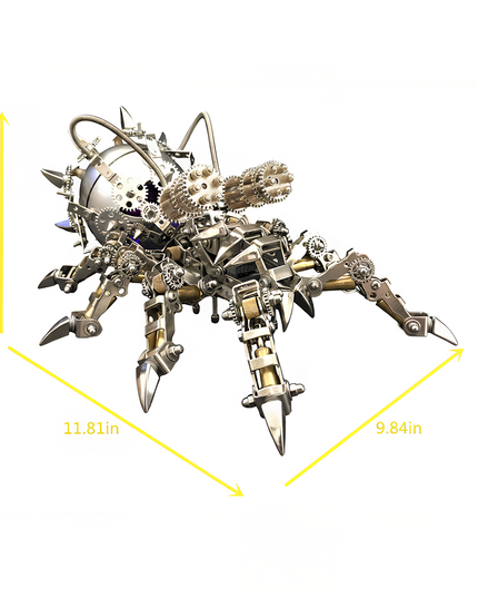 Steampunk spiked spider metal model with dimensions 7.09in x 11.81in x 9.84in. This intricate DIY 3D puzzle is a prime example of our premium Metal Kits, designed to be a "funny table" centerpiece and a truly "table funny" addition to any collection