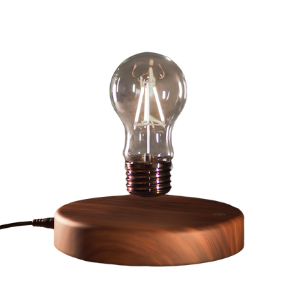 Magnetic levitation light bulb floating and lit wirelessly over a round wooden base