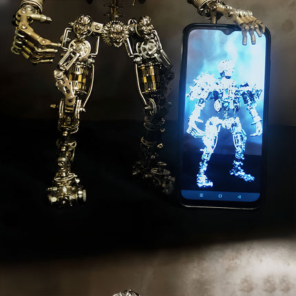  Completed "Body of Steel" metal model steampunk mech standing next to a smartphone displaying its glowing counterpart, emphasizing the intricate 3D puzzle design and metal kit quality.