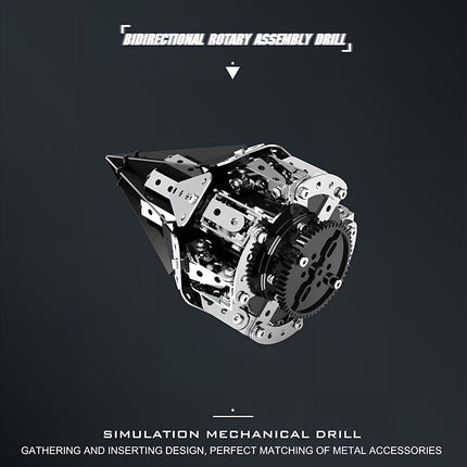 A simulation mechanical drill metal model featuring a bidirectional rotary assembly drill, built from 3D puzzle Metal Kits as an awesome steampunk puzzle steam punk mech accessory.
