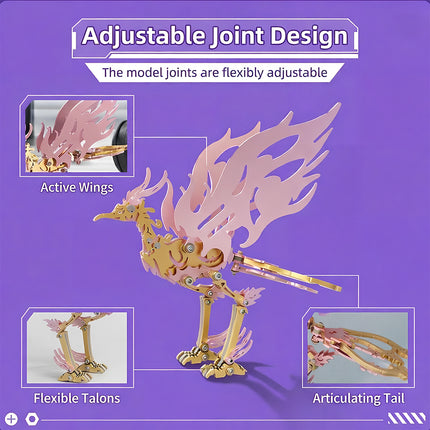 An infographic showing the adjustable joint design of the pink and gold Bi Fang bird 3D metal puzzle, highlighting its active wings, flexible talons, and articulating tail.