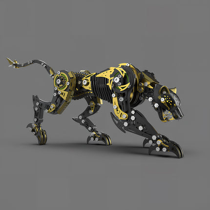 A detailed black and gold mechanical steampunk leopard, showcasing an intricate steam punk mech design within a premium 3D puzzle Metal Kit and collectible metal model.