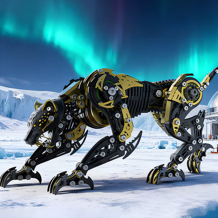 A black and gold mechanical panther metal model under the aurora borealis, an adventurous 3D puzzle and funny table art piece created from DIY metal kits.