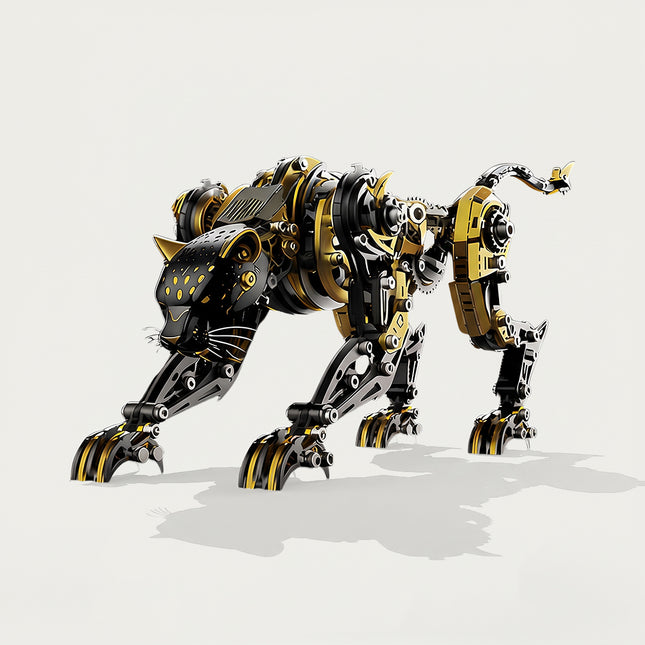 An intricate black and gold mechanical panther in a stalking pose, featuring a detailed steam punk mech design and steampunk puzzle structure for a premium metal model.