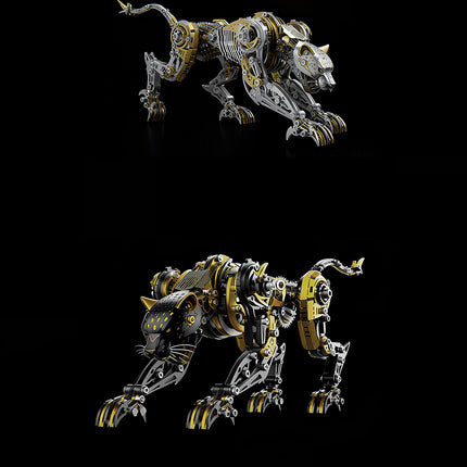 Multi-angle showcase of black, silver, and gold mechanical leopard metal models, an intricate 3D puzzle and DIY metal kit collection from Funny Table.