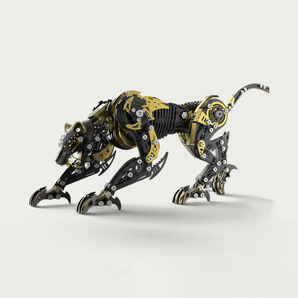 A sleek black and gold steampunk leopard metal model, a sophisticated 3D puzzle, showcasing its detailed mechanical steampunk aesthetic with bold contrasting colors and visible gears against a crisp white background. This metal model is a unique addition to any collection of metal kits.