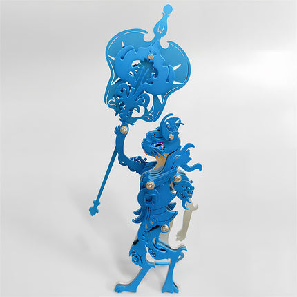 Action pose of mechanical steampunk 3D puzzle metal kit in vibrant blue.