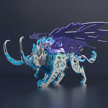 Blue and purple steampunk puzzle of Qiongqi mythical winged beast, an eye-catching DIY metal model desktop display.