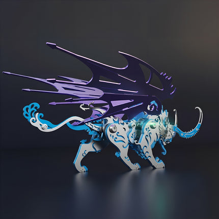 Right side three-quarter back view of blue and purple 3D puzzle Metal Kits Qiongqi, showcasing the mechanical winged tiger body.