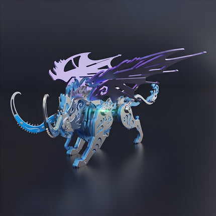 Front angle view of the blue and purple Qiongqi mechanical steampunk puzzle, a winged tiger metal model variant.