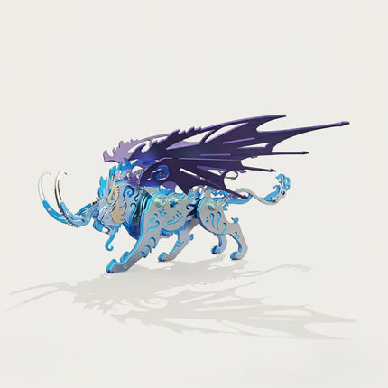Blue and purple variant of Chinese mythical beast Qiongqi steam punk mech, a winged tiger 3D puzzle metal kits model.