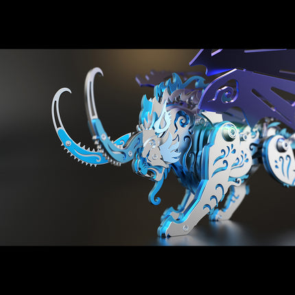 Close-up detail of blue and purple steam punk mech Qiongqi, highlighting the sharp blue tusks and head of the metal model.
