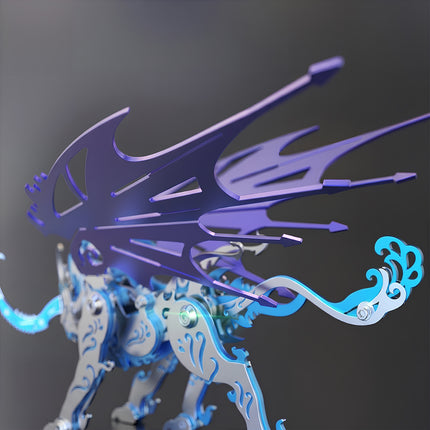 Three-quarter back view of blue and purple steam punk mech Qiongqi, featuring colorful wings of the metal model.
