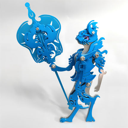 Three-quarter view of blue knight steampunk puzzle metal model holding weapon.