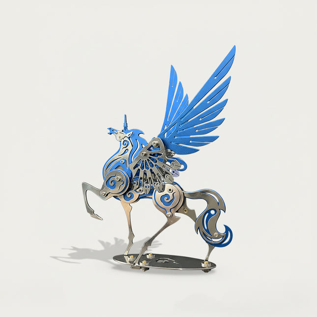 Elegant blue and silver Pegasus metal model, gracefully standing on a white background. This captivating DIY 3D puzzle from our Metal Kits series is a perfect funny table ornament for fantasy lovers and collectors.