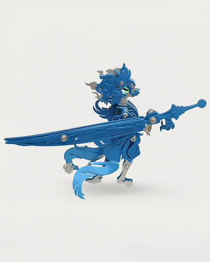 Table Funny DIY 3D puzzle Metal Kits: Dynamic blue anime-style metal model of a warrior character with a giant sword, featuring layered construction and vibrant green eyes. Excellent metal model for collectors