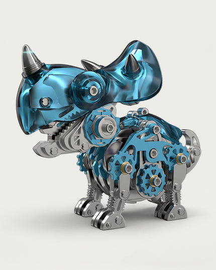 Mechanical Triceratops 3D puzzle Metal Kit - A dynamic fun toy for dinosaur and mechanics lovers, this DIY assembled table funny piece features an intricate, mechanical Triceratops design. It invites you to craft a piece of power part by part. Beyond being a dynamic desktop ornament with striking blue and metallic details, it serves as an educational tool for kids to learn about dinosaur anatomy and mechanical structures during assembly. It’s also a stylish decor for home offices