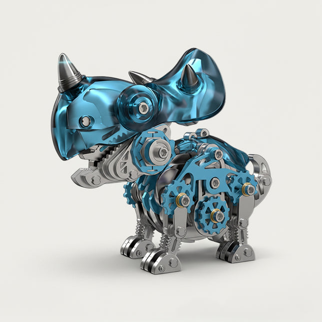 Mechanical Triceratops 3D puzzle Metal Kit - A dynamic fun toy for dinosaur and mechanics lovers, this DIY assembled table funny piece features an intricate, mechanical Triceratops design. It invites you to craft a piece of power part by part. Beyond being a dynamic desktop ornament with striking blue and metallic details, it serves as an educational tool for kids to learn about dinosaur anatomy and mechanical structures during assembly. It’s also a stylish decor for home offices